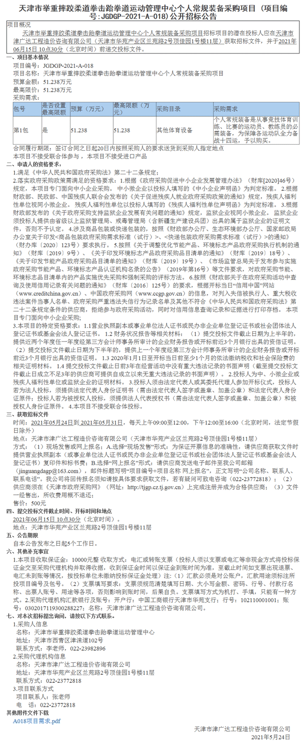 天津市舉重摔跤柔道拳擊跆拳道運動管理中心個人常規(guī)裝備采購項目(圖1)